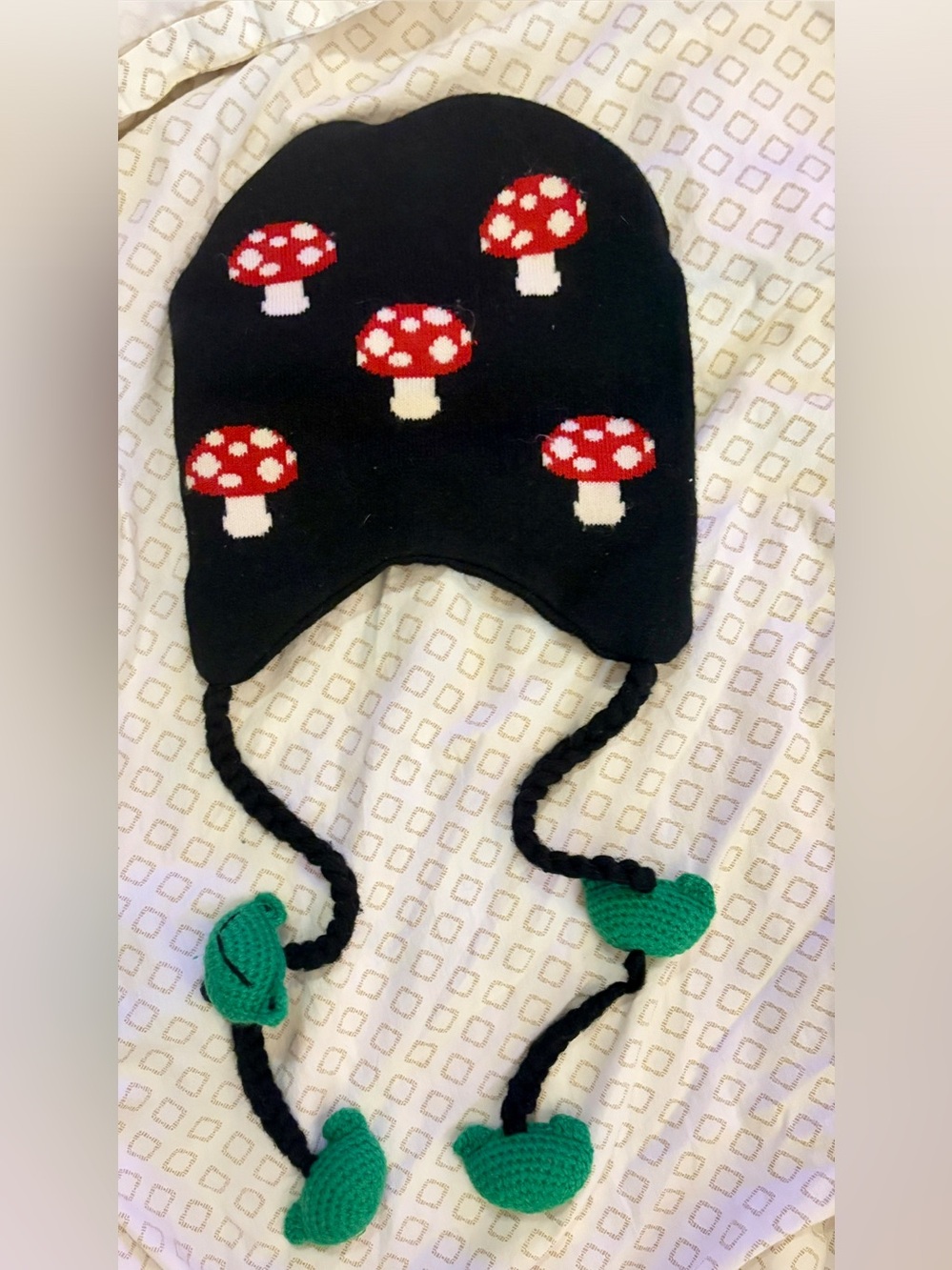 Kids Black Mushroom Knit Earflap Hat - Unbranded